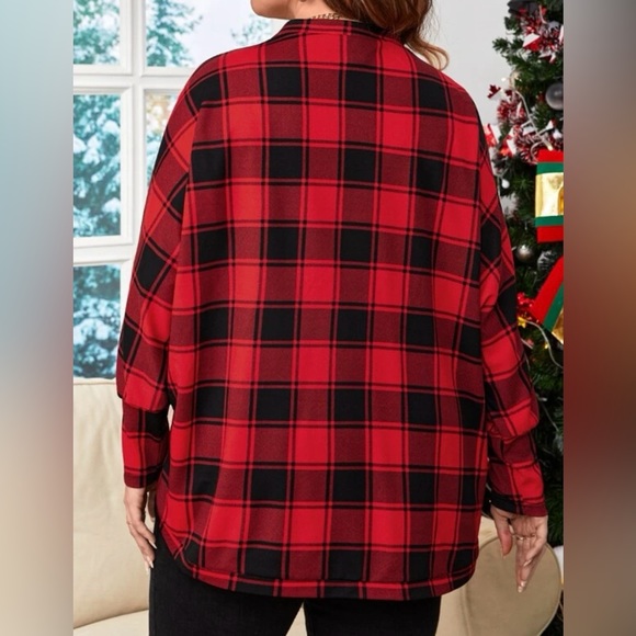 Plaid Print Batwing Sleeve Open Front Coat - Picture 2 of 6